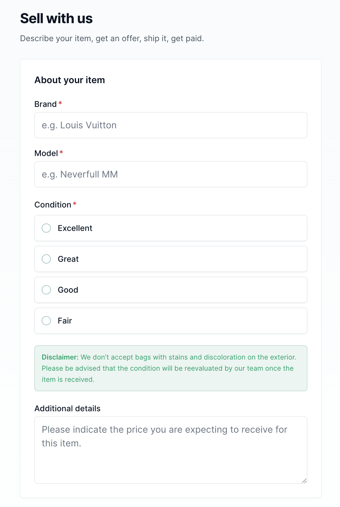 Guest sell form — describe your item