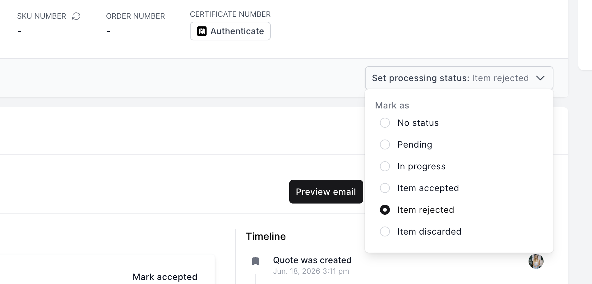 Setting an item's processing status to Item rejected from the offer in Trendful admin