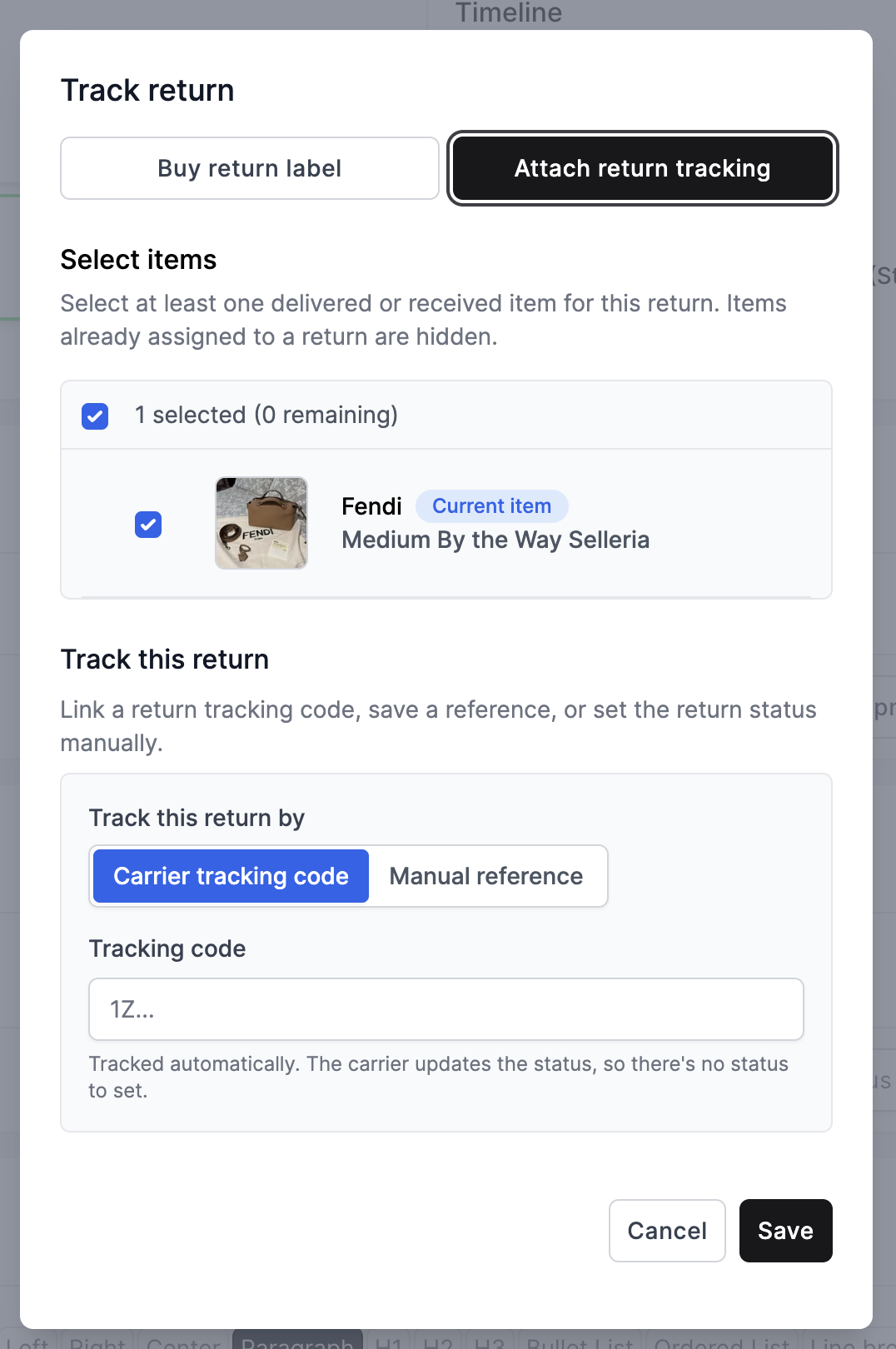 Creating a return from an offer in Trendful admin, selecting the items and how to track it