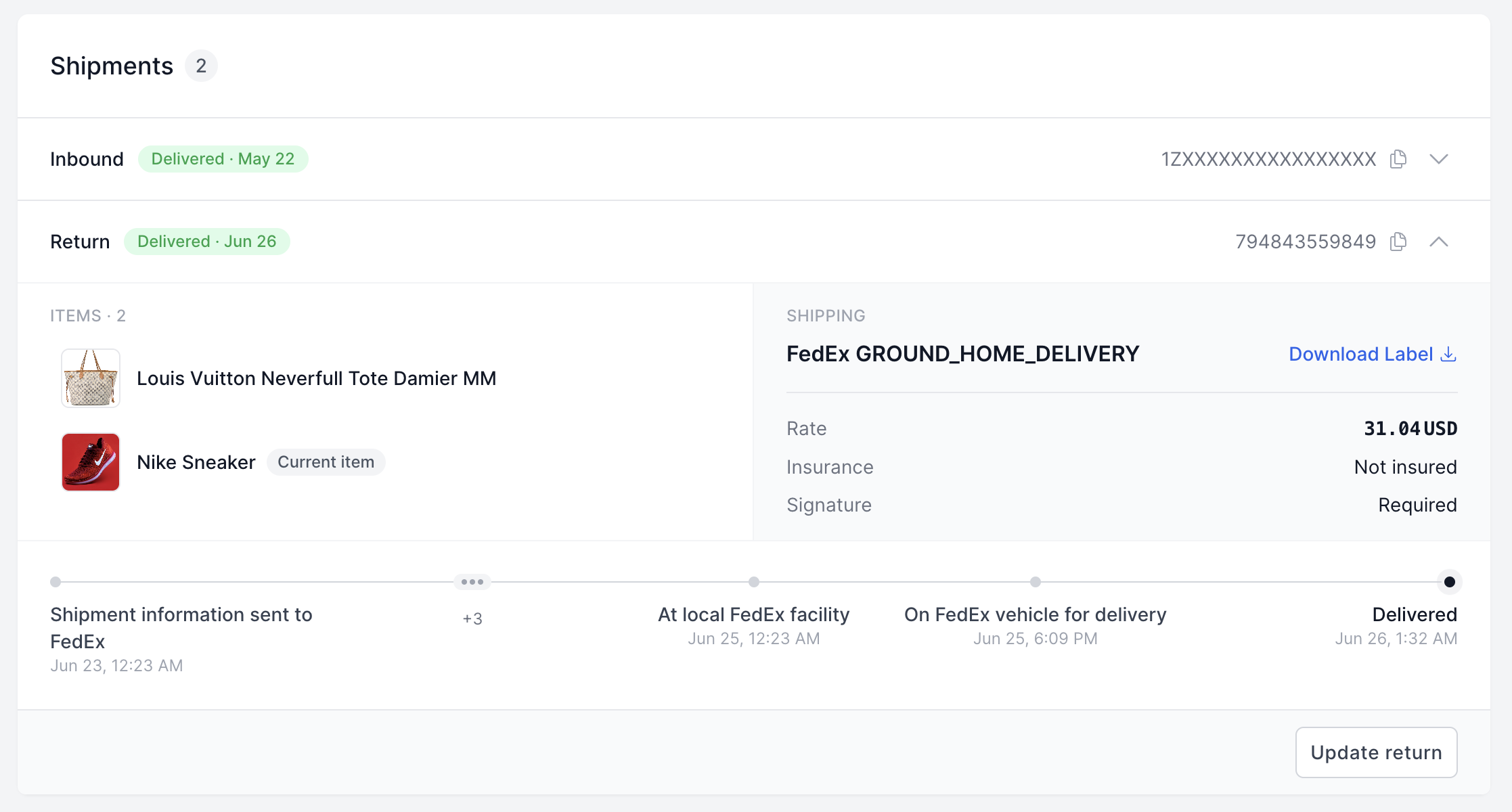 A consolidated return in Trendful showing two items on one label, the carrier rate, insurance, and live tracking