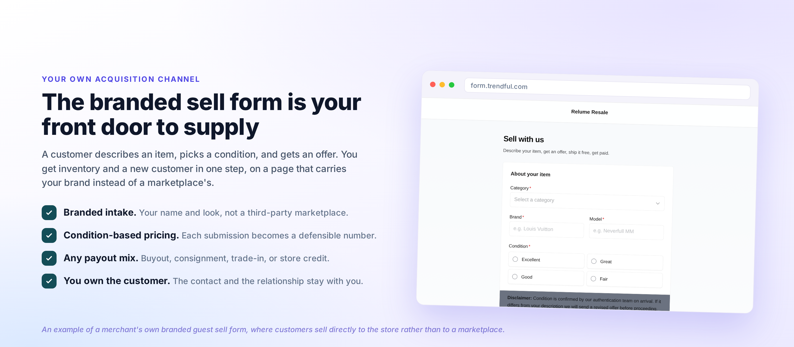 A screenshot of a merchant's branded guest sell form, titled Sell with us, under the store name Relume Resale, with the line describe your item, get an offer, ship it free, get paid. The form collects category, brand, model, and a condition grade of excellent, great, good, or fair. It is an example of a merchant's own acquisition channel: the branded page where customers sell directly to the store rather than to a marketplace.