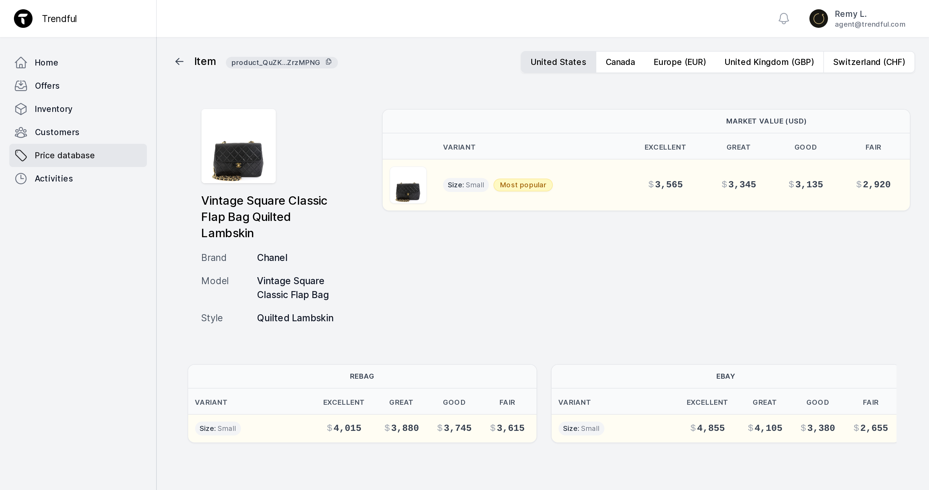 The Trendful Price Database showing condition-based fair market value for a Chanel Vintage Square Classic Flap Bag in quilted lambskin. A Market Value table breaks the small size variant into four condition grades: excellent around 3,565 dollars, great around 3,345, good around 3,135, and fair around 2,920, with region toggles for the United States, Canada, Europe, the United Kingdom, and Switzerland. Separate panels show the same grades sourced from individual resale vendors. Values are condition-graded fair market estimates from Trendful platform data.