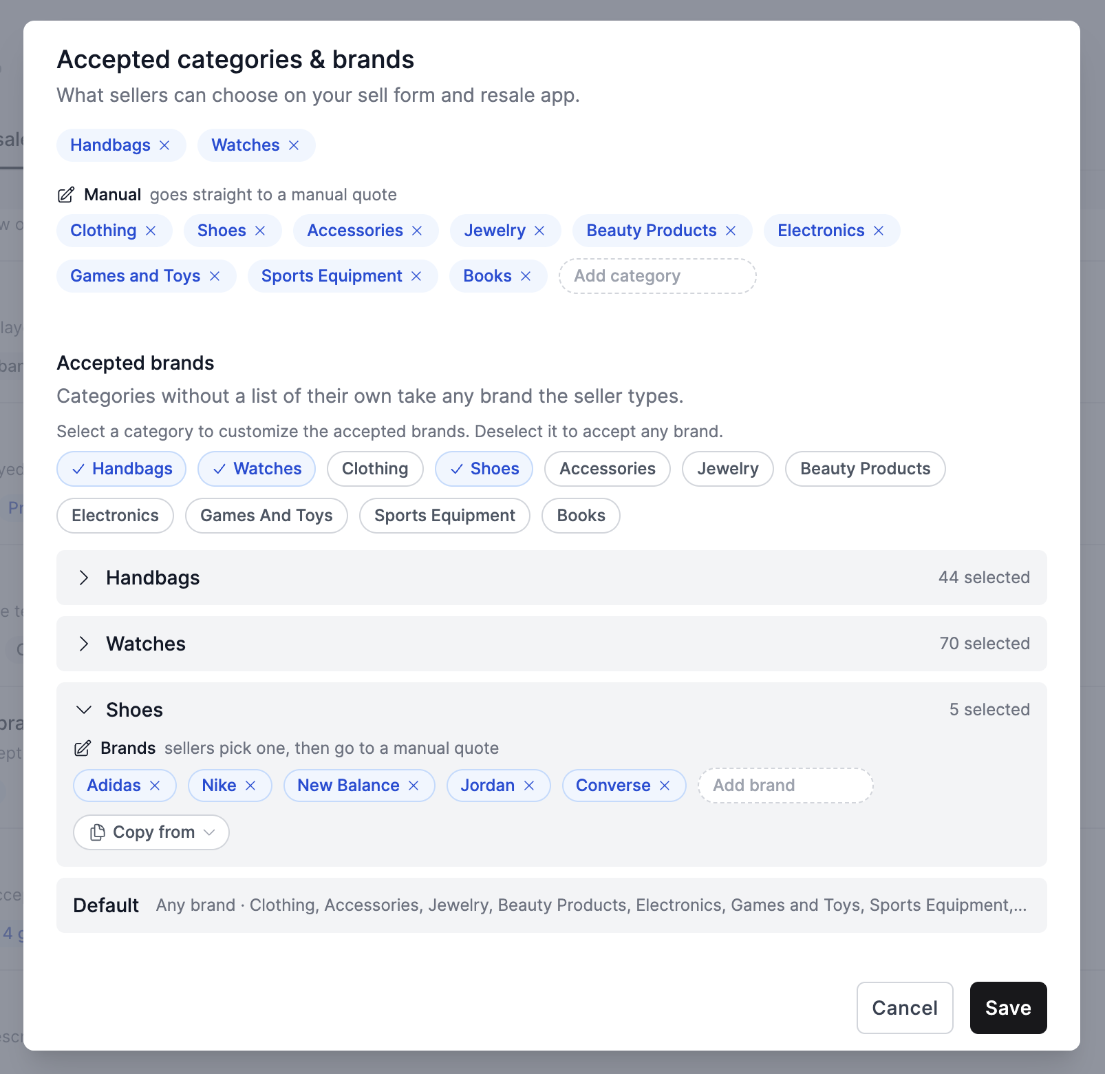 The accepted categories and brands panel in Settings