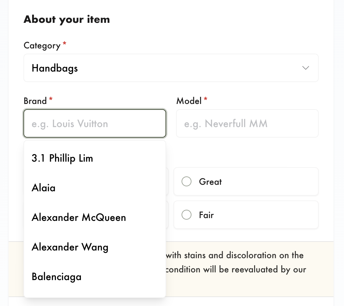 The brand dropdown a customer sees on the manual form