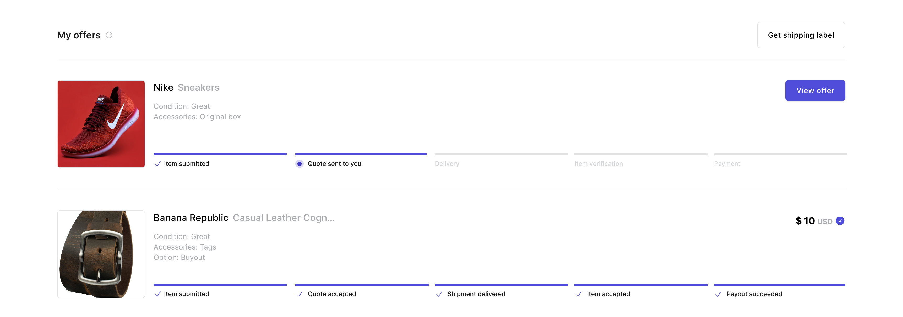 Accessing the Shipping Label: Customer navigate to the 'My Offers' section and select 'Get Shipping Label'