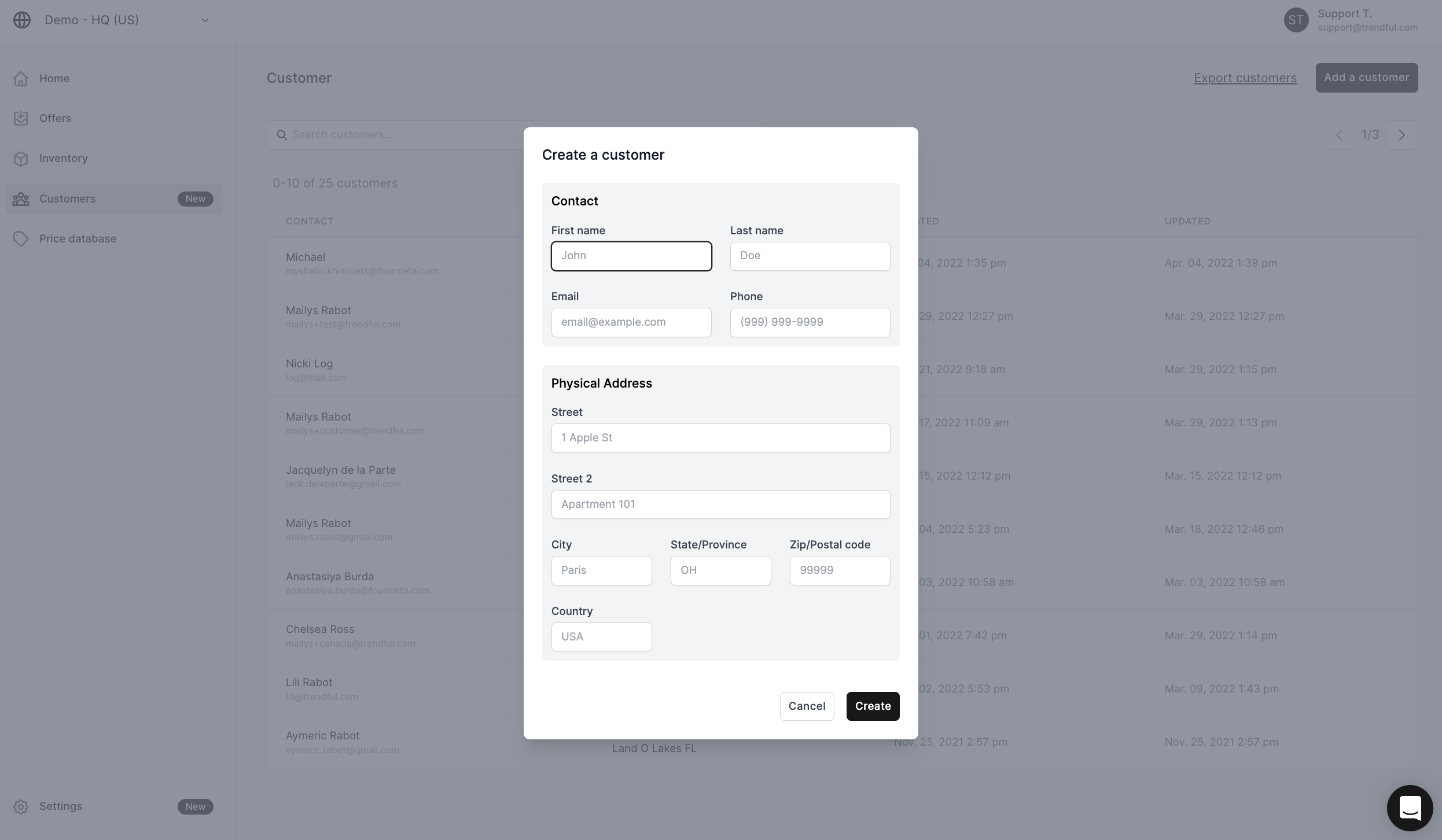 You can add new customers easily by clicking the button at the top right-hand corner “Add a customer”
