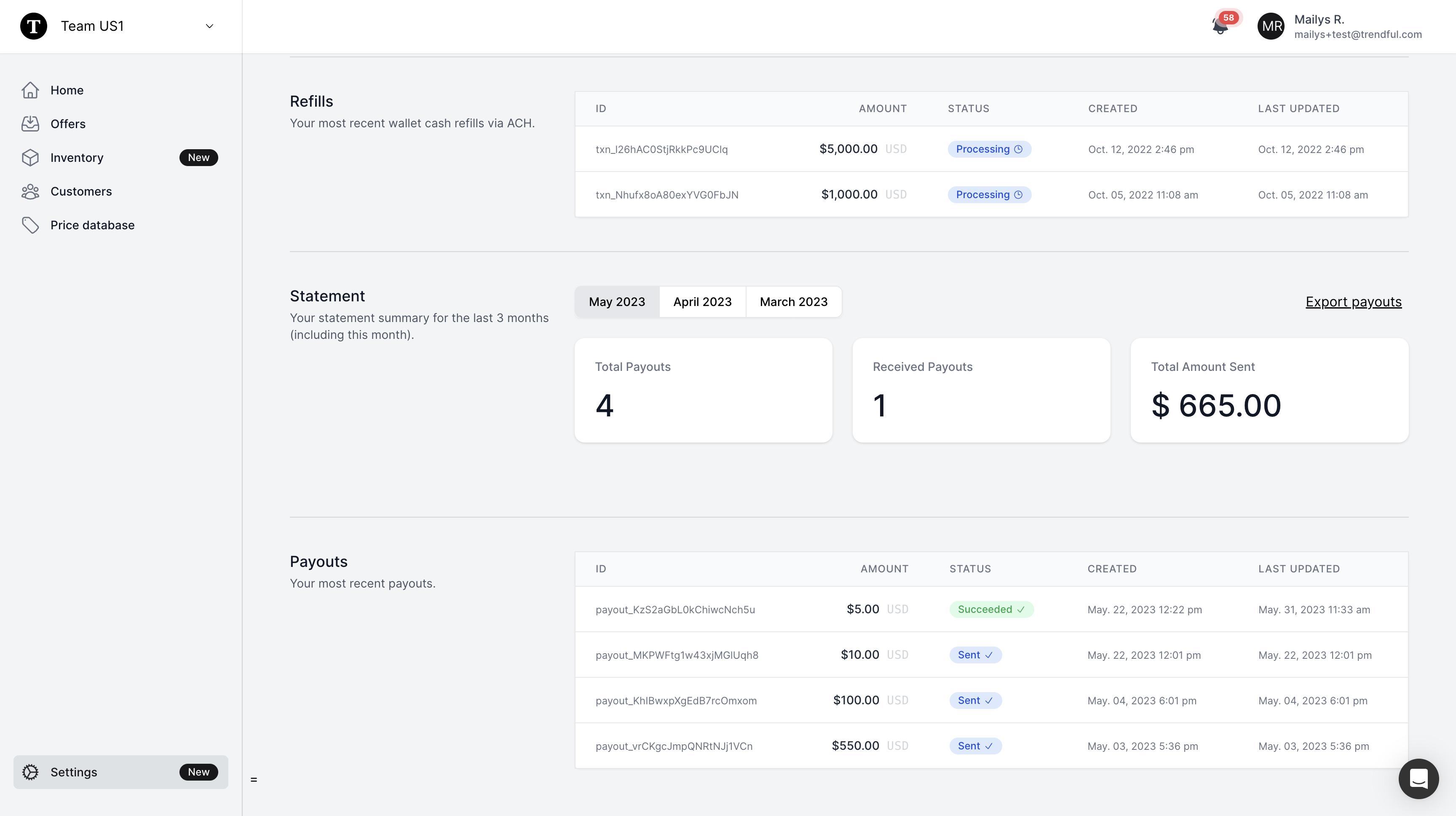 Within the “Payout Wallet” section of your settings, you can export your payout statement for the past months