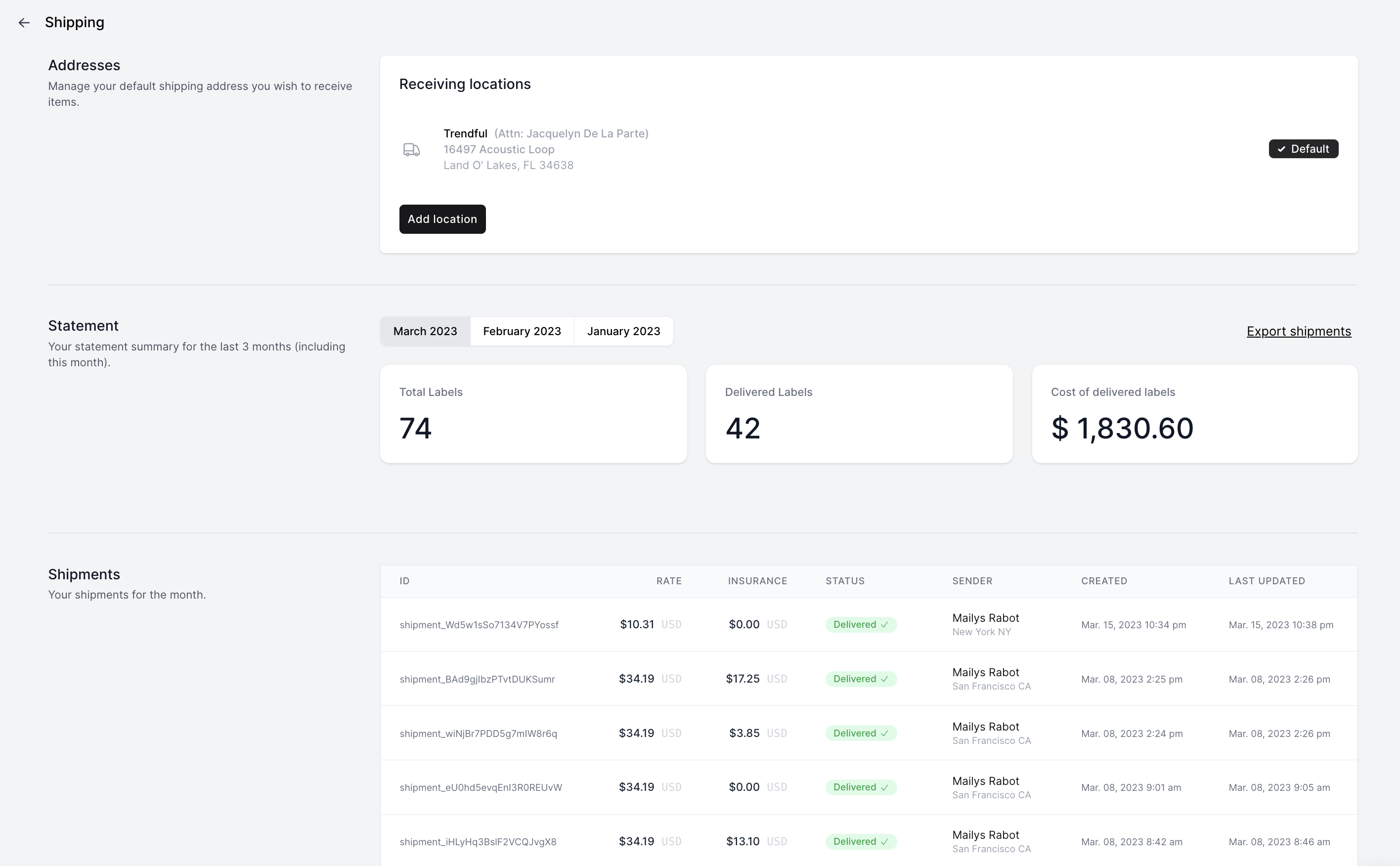 Within the “Shipping” section of your settings, you can export your shipment statement for the past months