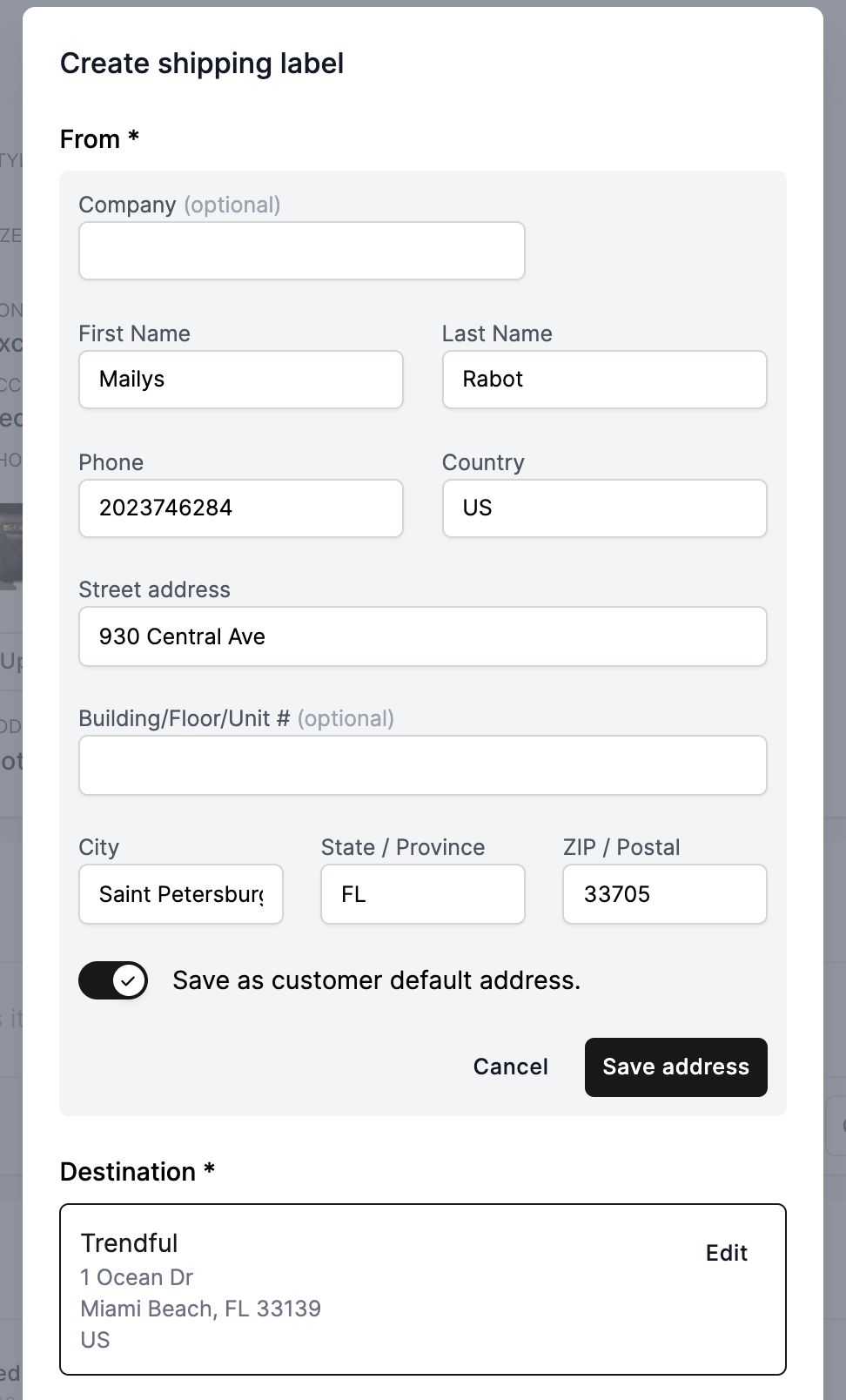 Fill out/Edit the customer address either directly in your CRM or onto the offer when you create a shipment