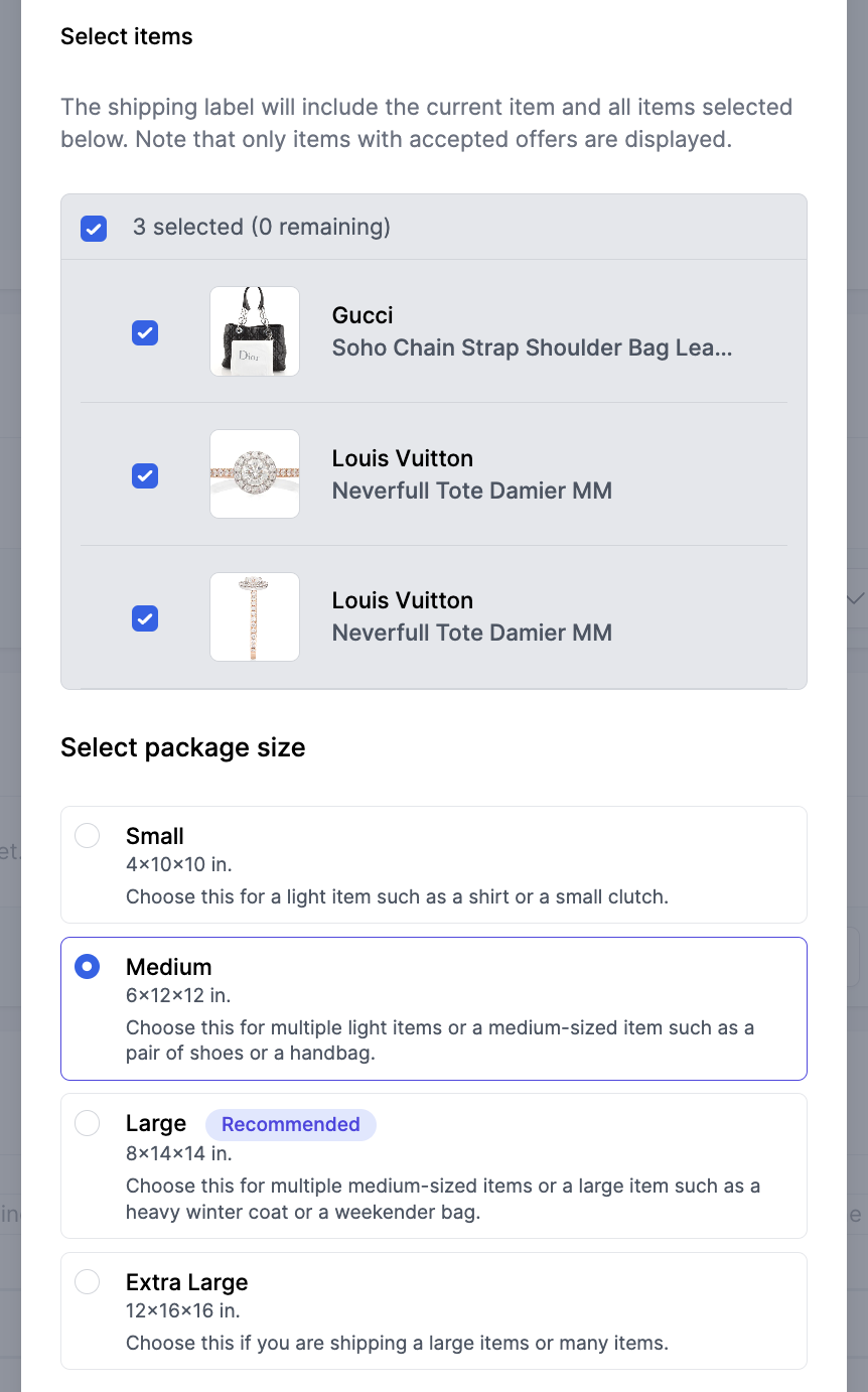You will be able to select additional items to include in the package and select the size of the package