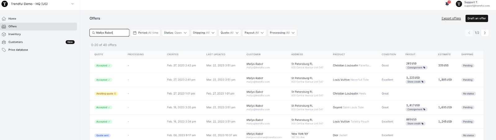 At the top of your “Offers” overview, you can search your offers by customer name