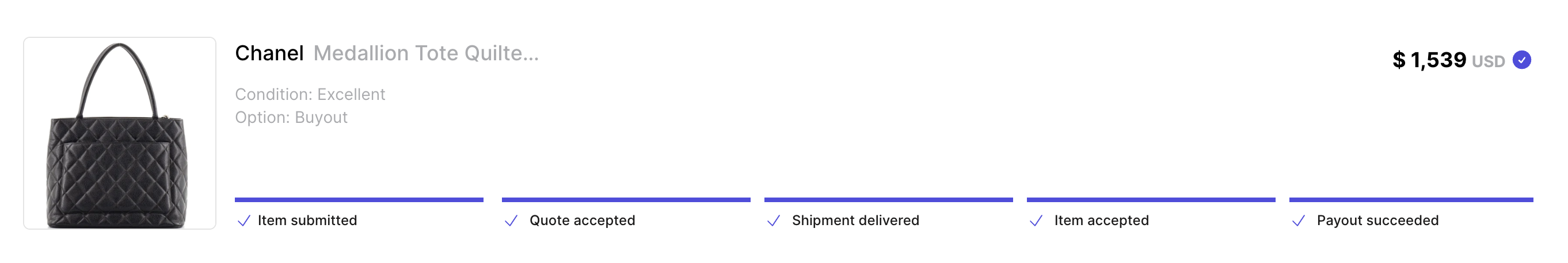 Each offer is displayed with a status timeline so customer know where their item is at in the consignment or reselling process