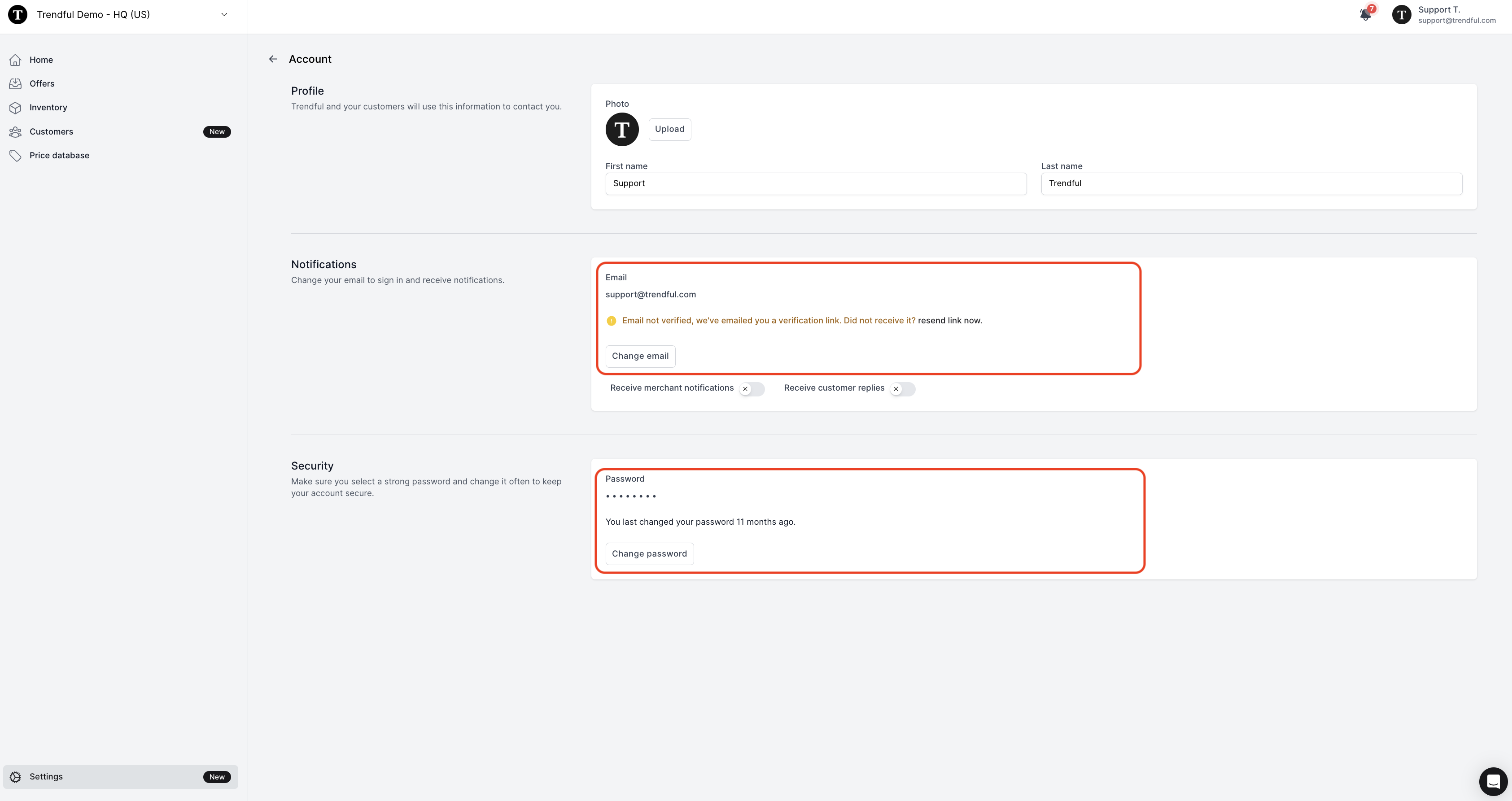 Next click on “Profile” in order to adjust your email and password settings