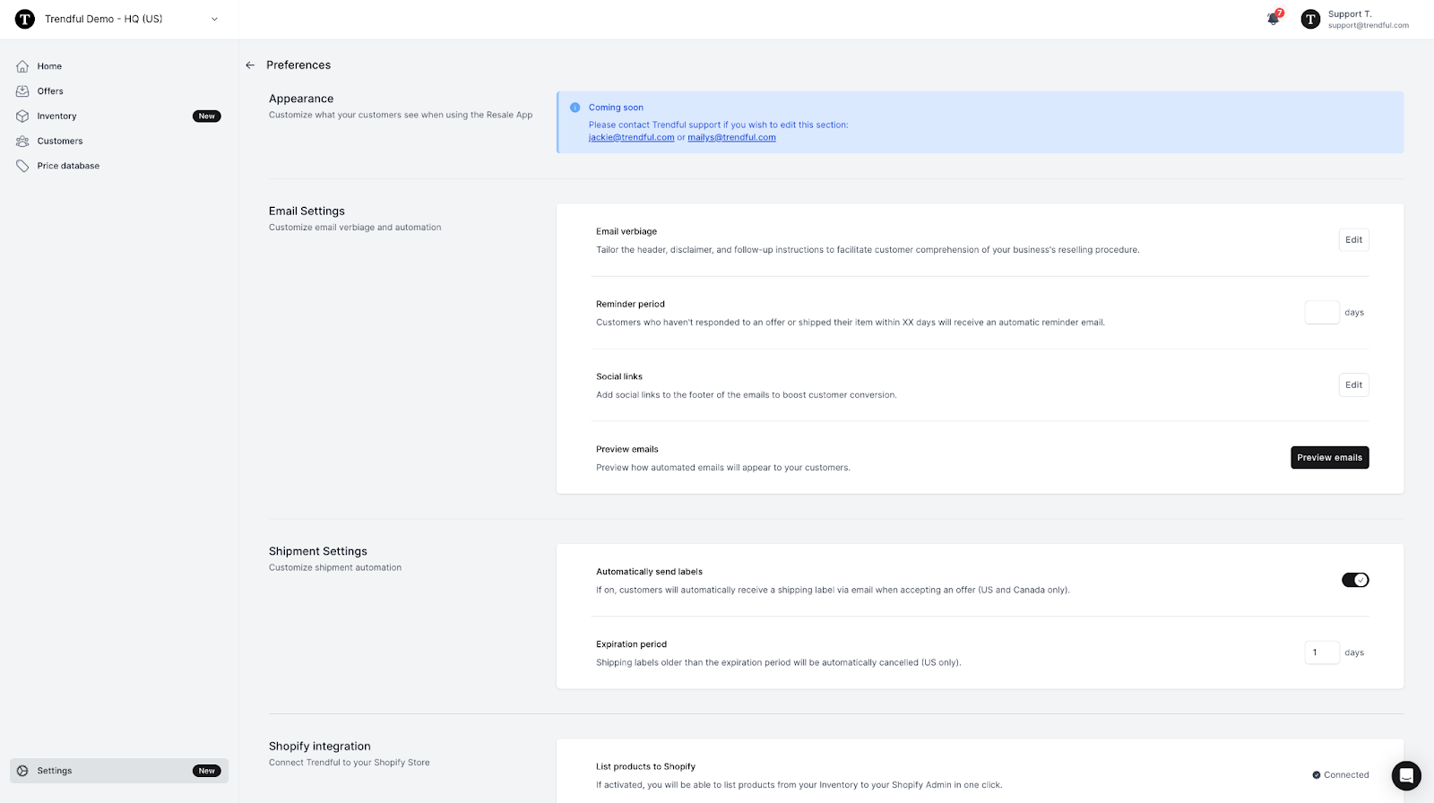 To customize your emails, navigate to your Settings > Preferences and the Email settings section