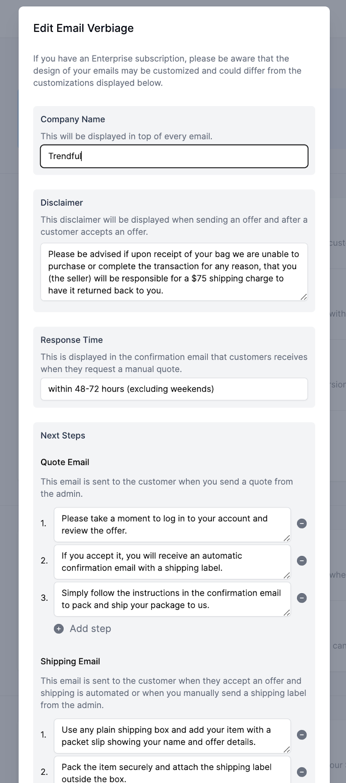 Click on 'Edit' in the Email verbiage section to customize the text of your emails