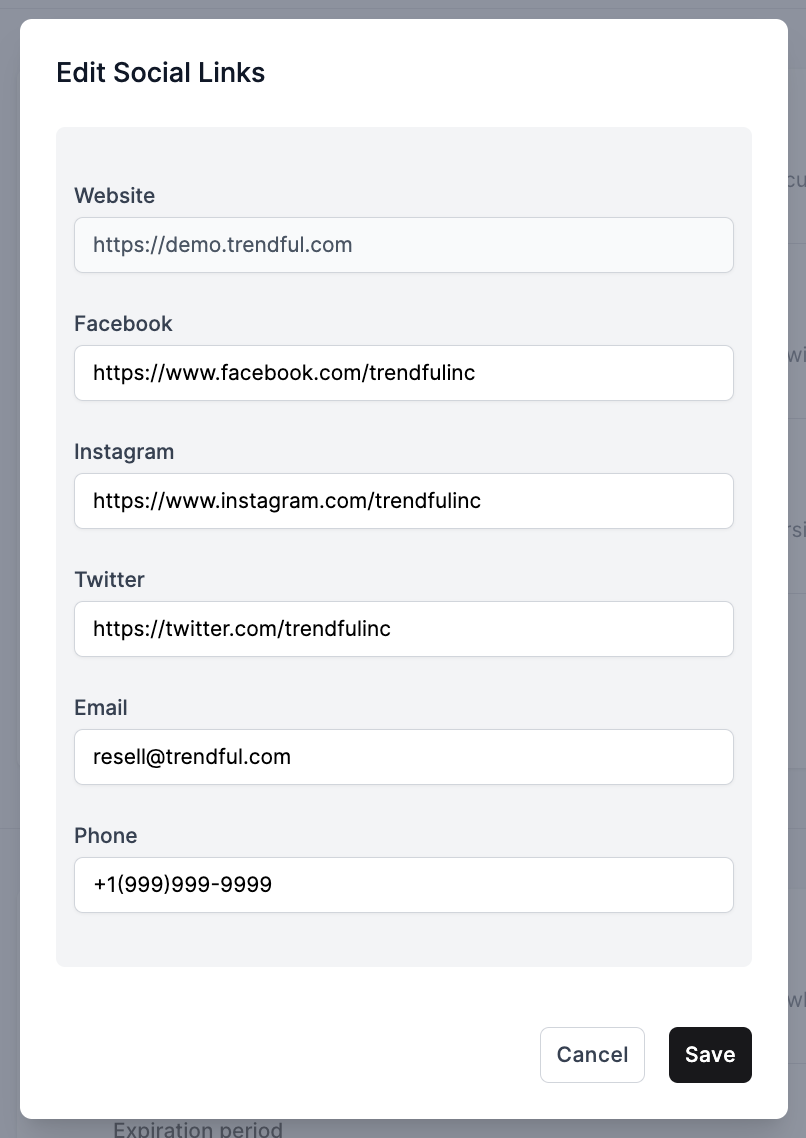 Click on 'Edit' in the Social links section to add your company's social media accounts, phone number, and email address
