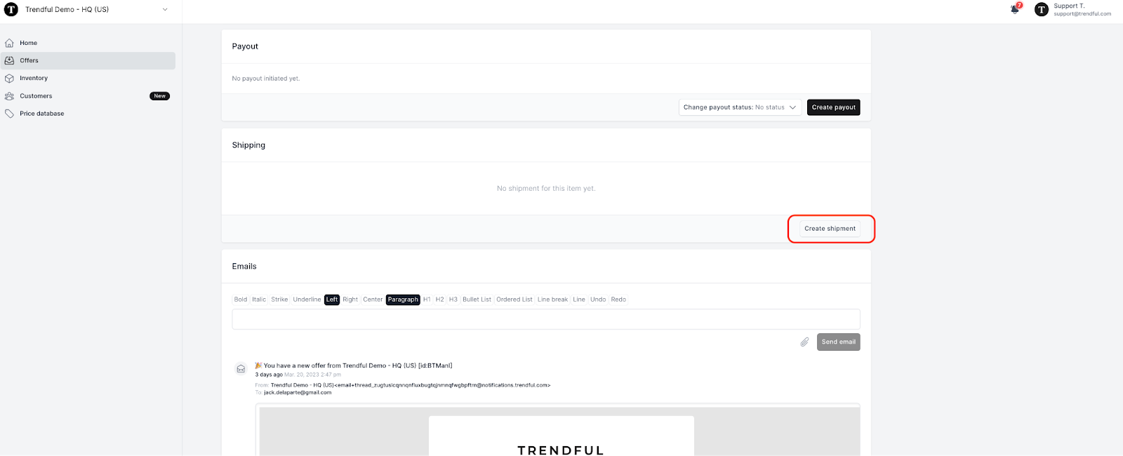When you click on an offer scroll down to the shipping section and click “Create shipment” (see image example below)