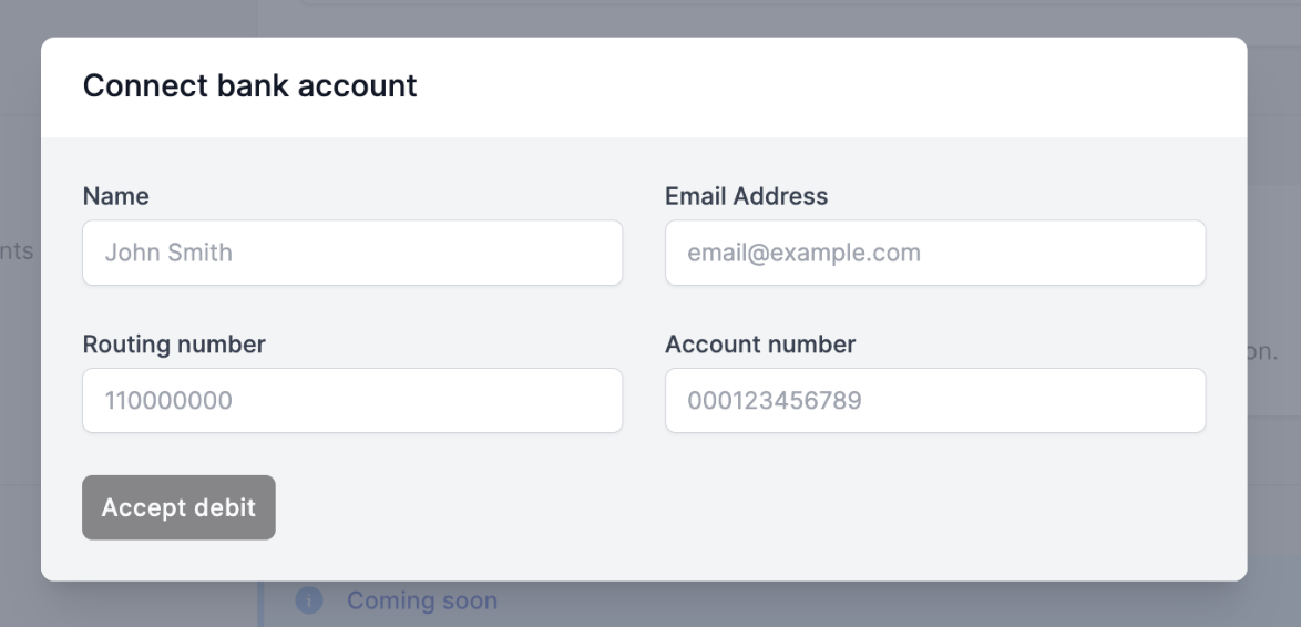 You will then be prompted to manually enter your bank account information