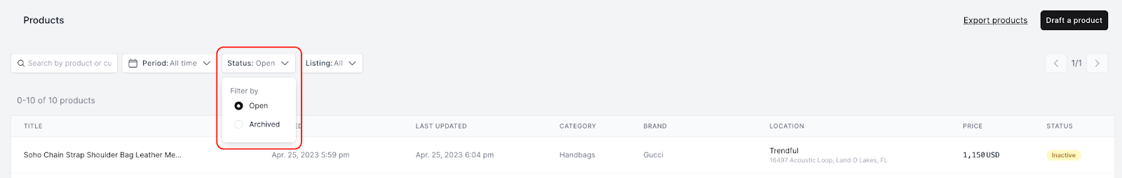 To archive a product, simply click “More actions” at the top right-hand corner of on the product detail page and then select archiveOn…
