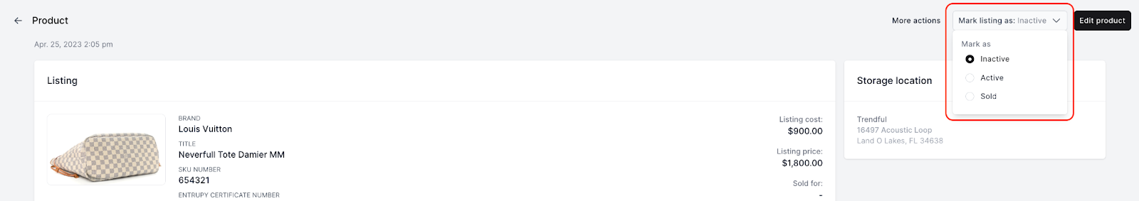 To change the listing status of a product, you can click on the “listing status” button on the top-right corner of the product details…