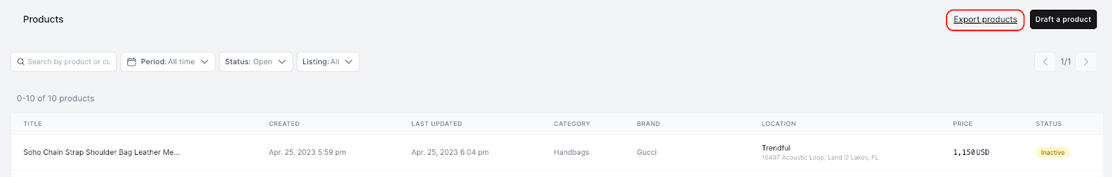 To export your products, you can click on 'Export products' on the overview page download the CSV file