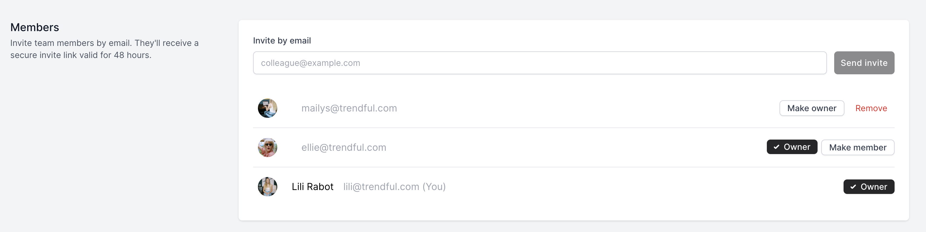Log into your Trendful admin account, open Settings in the bottom-left corner, then select Team
