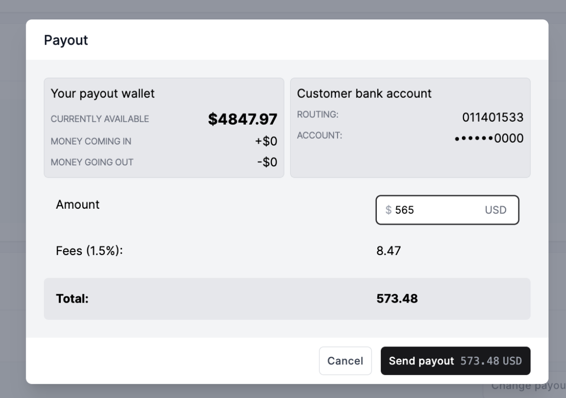 Click the button “Create payout”, a window will pop-up, here you can make any last adjustments to the payout amount