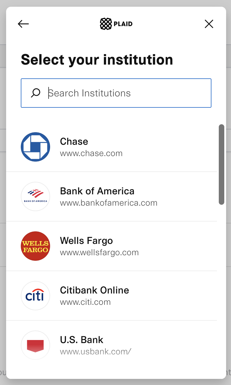 Choose their bank institution from the Plaid pop-up