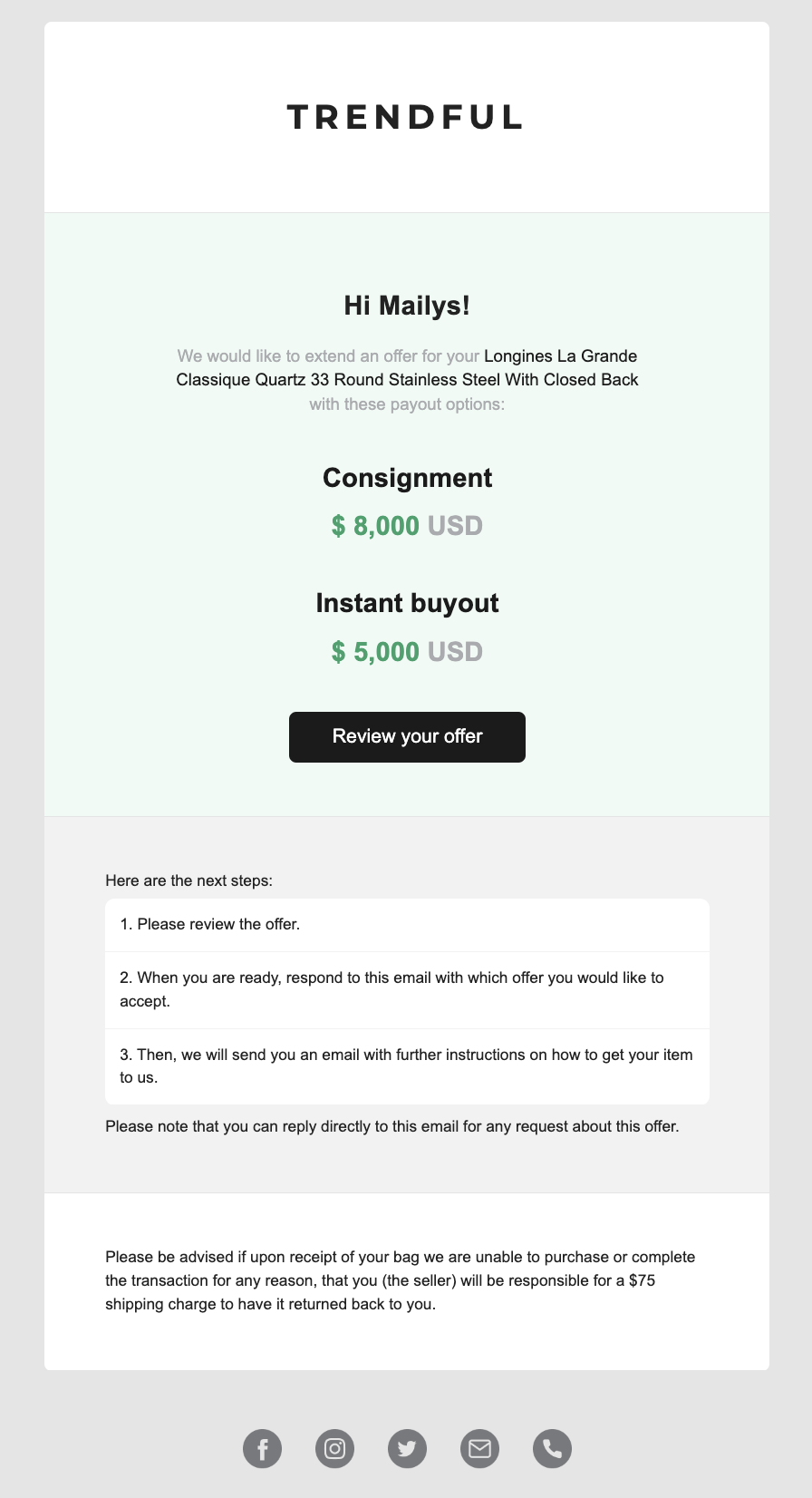 When you send a quote from the Trendful Admin, the customer receives a pre-generated email with their offer and a button to redirect them…