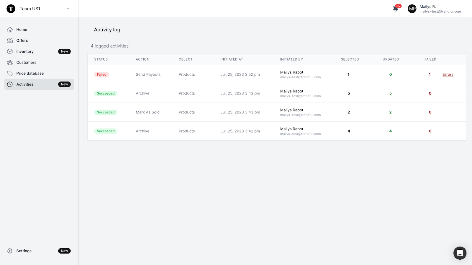For each bulk action executed, detailed information such as the type of action, completion status, any errors encountered, the initiator of…