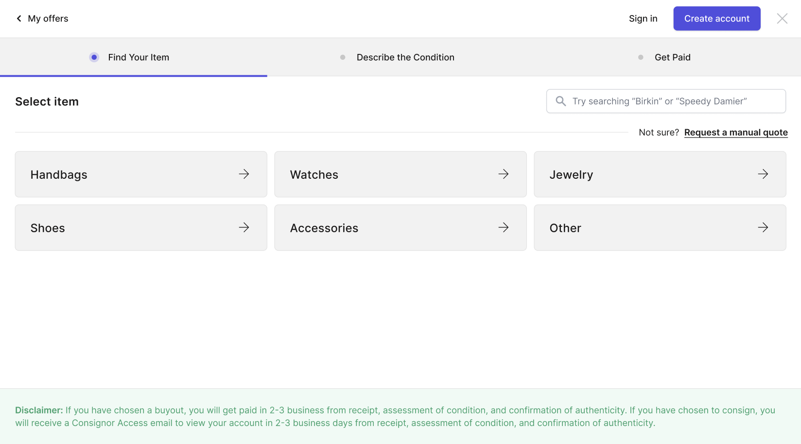 Next depending on your business’ Resale App customization, customers will be able to select which category they wish to sell